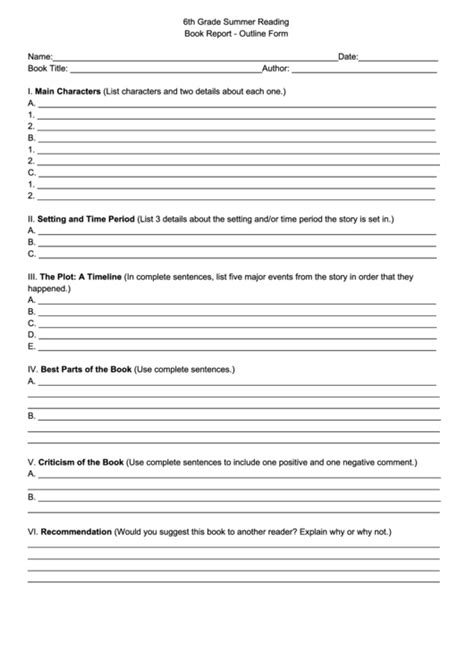 6th grade book report template